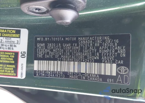 2016 Toyota Corolla Le from USA, damaged, VIN 2T1BURHE0GC742433